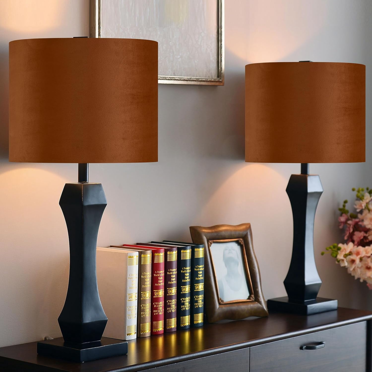 GO&SO 1 PCS Burnt Orange Velvet Drum Lamp Shade,Modern Replacement Lamp Shades 13" Top x 13" Bottom x 10" High(Spider) Medium Fabric Lampshade for Table Lamp,Floor,Bedside -Assembly Require
