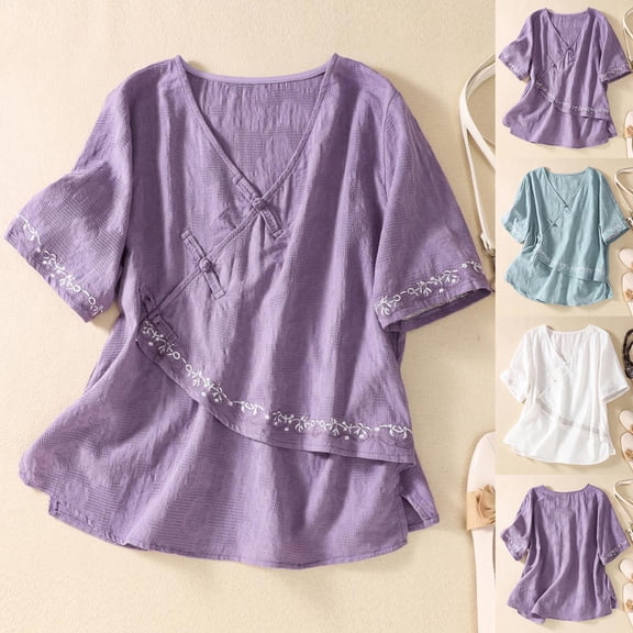 FRSASU Imitation Cotton Linen Shirts for Women Retro Embroidered Boho Tops Short Sleeve Dressy Casual Blouses Loose Gauze Tunics Tops White