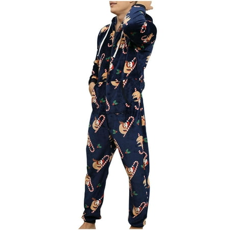 

Ovzne Men Casual Hooded Zipper Flannelette Christmas Printed Pajama Conjoined Suit