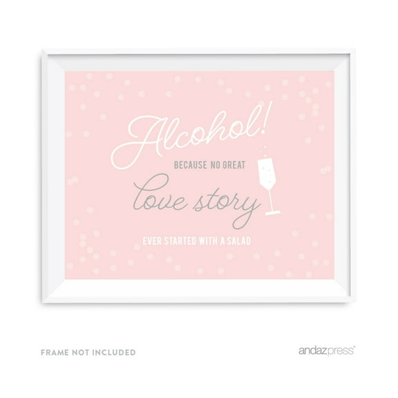 Alcohol, No Story Started With A Salad Blush Pink and Gray Pop Fizz Clink Wedding Party Signs