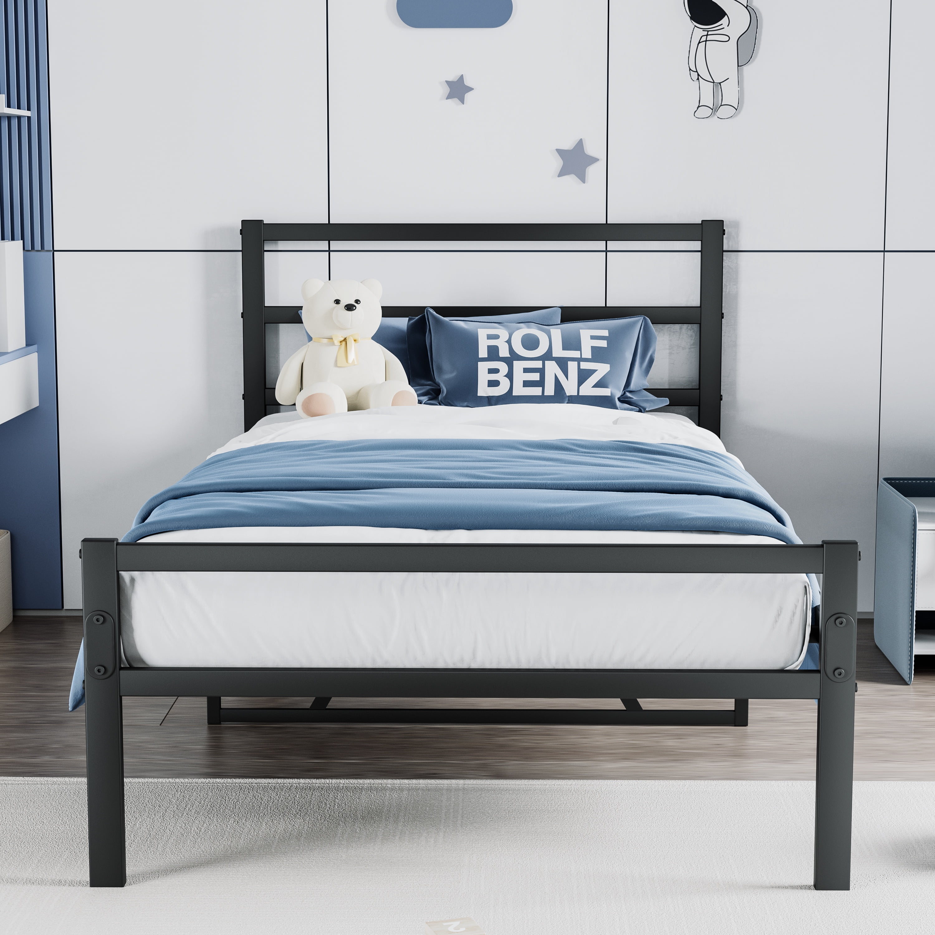 Twin Size Bed Frame, Metal Platform Bed w/Headboard, Large Under Bed Storage Space, No Box Spring Needed