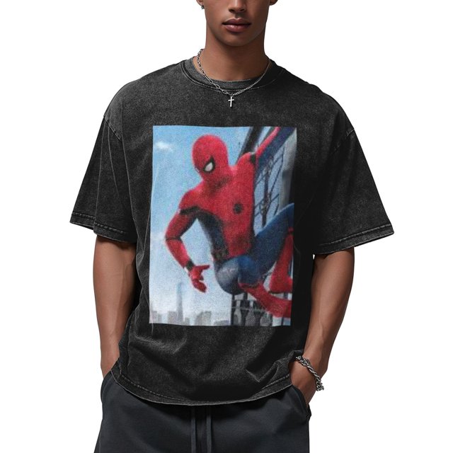 Spider-Man 210g Men's Crew Neck Washed Short Sleeve T-Shirt - Hot Stamping