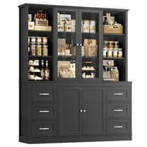 Hiphuta 63" Wide Large Kitchen Pantry Cabinet with Glass Door, 74" Tall Kitchen Storage Cabinet with 6 Drawers, Farmhouse kitchen Hutch for Kitchen Dining Room, Black