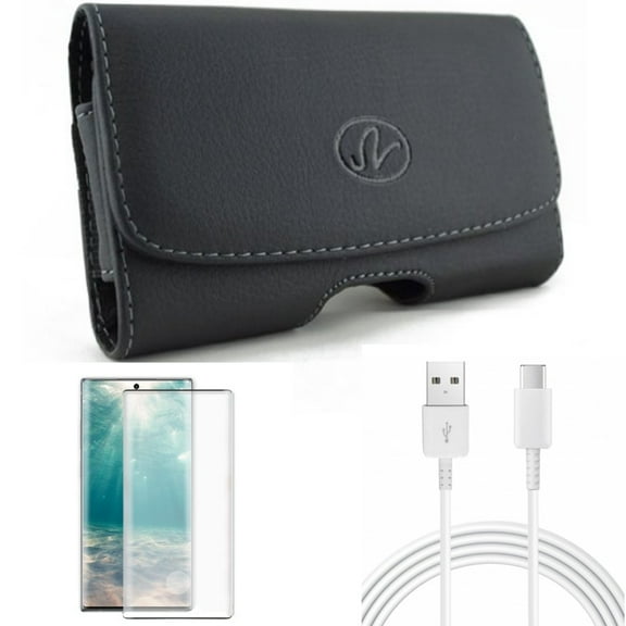 Screen Protector & Case Belt Clip & 10ft USB-C Cable for Samsung Galaxy Note 20 (6.7") - Combo with Tempered Glass (Fingerprint Unlock) & Leather Swivel & Type-C Charger Cord