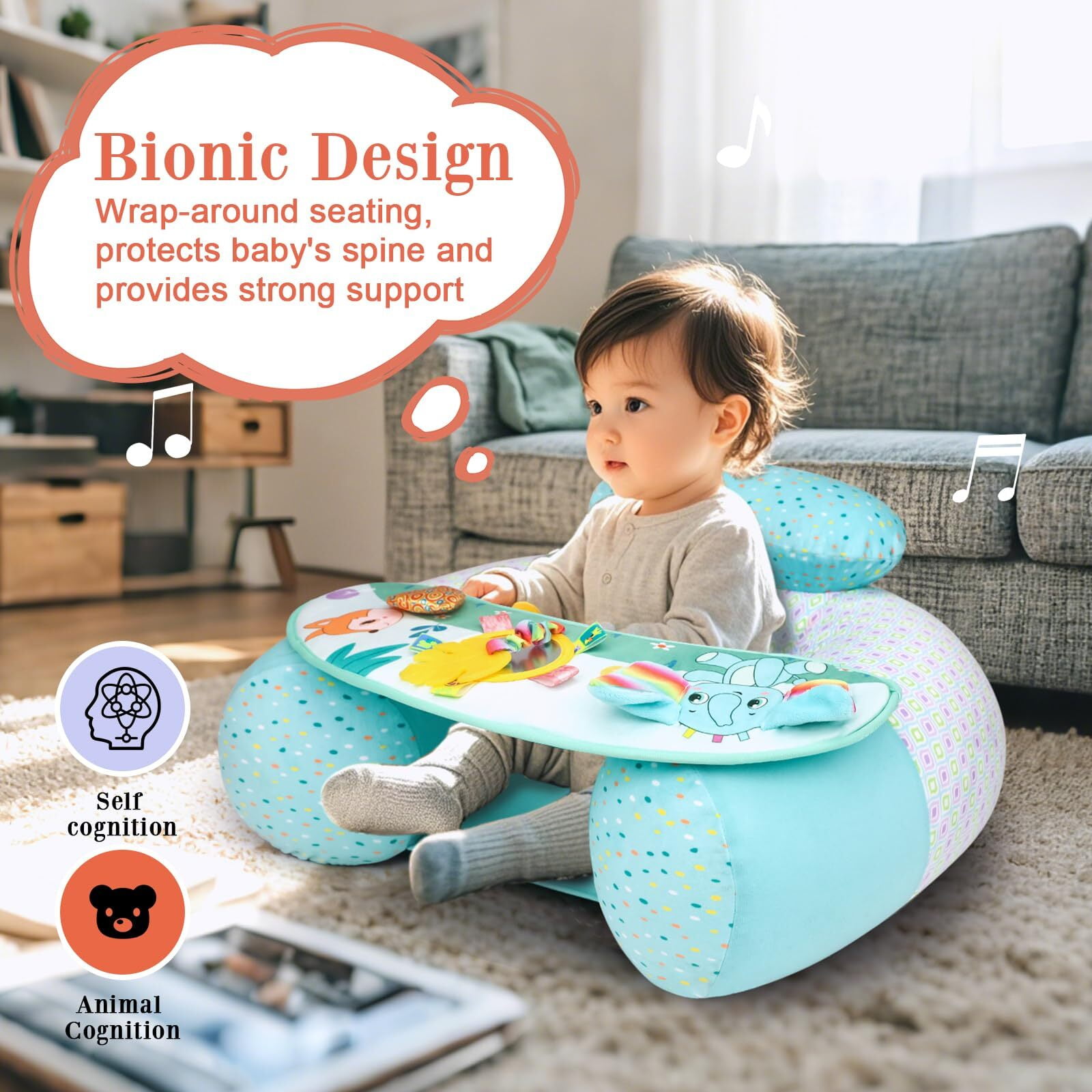 Blublu Park Baby Inflatable Seat with Cover for Babies 3-36 Months, Portable Baby Chair Sit Me Up Floor Seat with Detachable Activity Sensory Tray, Baby Seats for Sitting up, Elephant