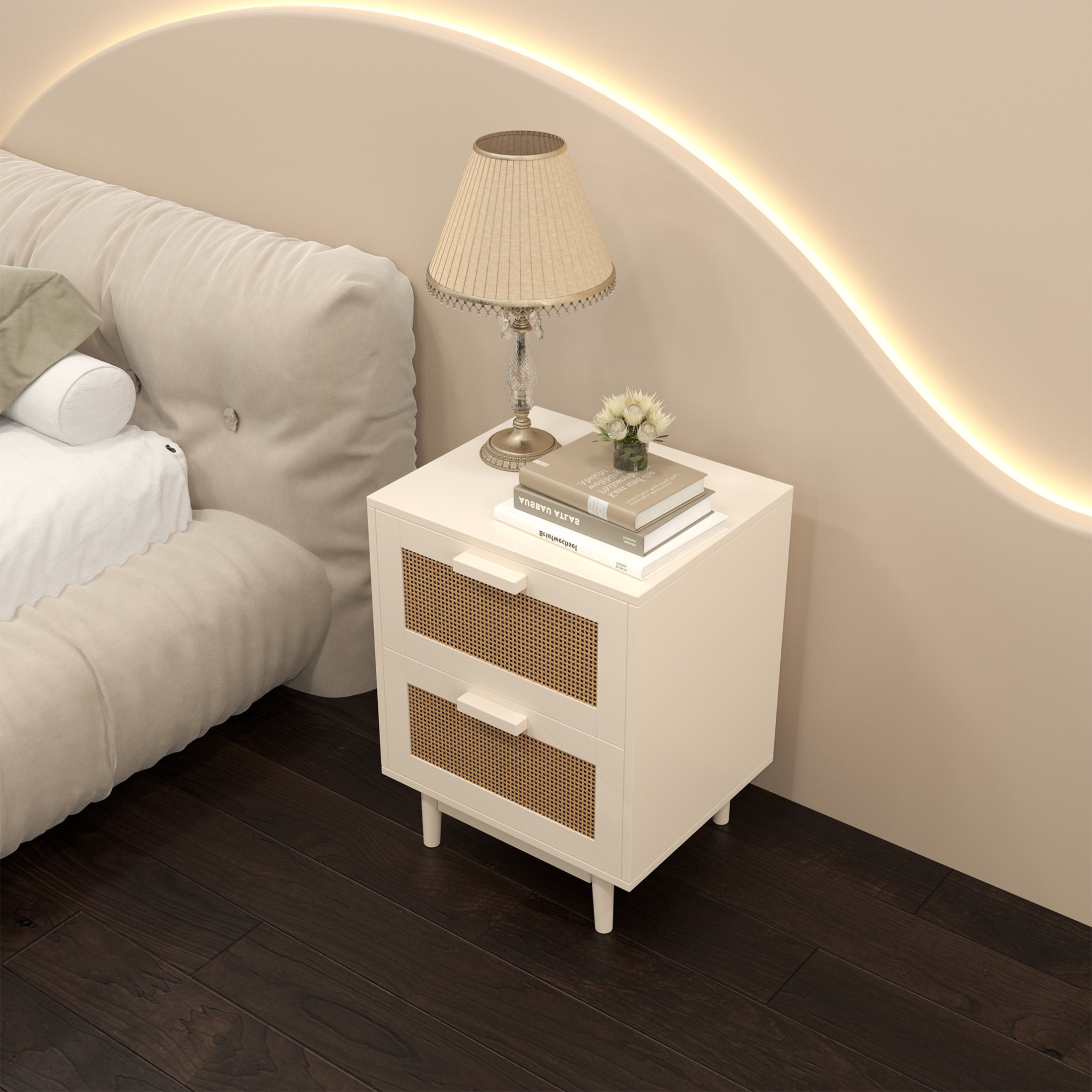 Noble House Savoy Rattan Nightstand with 2 Drawers, Wood End Table Bedside Table with Rattan Fronts, White & Natural