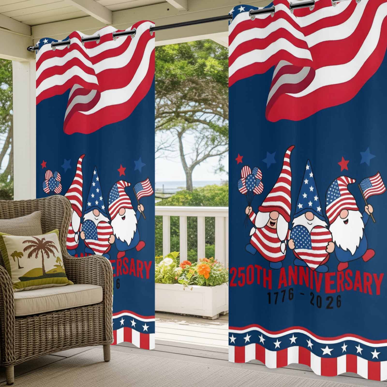Anniversary Outdoor Curtains for Patio, Patriotic Gnome USA Flag Independence Day Sunshade Privacy Drapes Grommet Waterproof Outside Curtains for Porch/Cabana/Balcony 54"x 95", 2 Panel