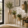 thumbnail image 4 of Cylinder Flower Pots on Stands for Home Decor - Metal Planters for Indoor and Outdoor Plants - Modern Plant Pots for Living Room, Entryway, or Garden - Set of 3, 39", 29", 20", Gold & Metallic, 4 of 13