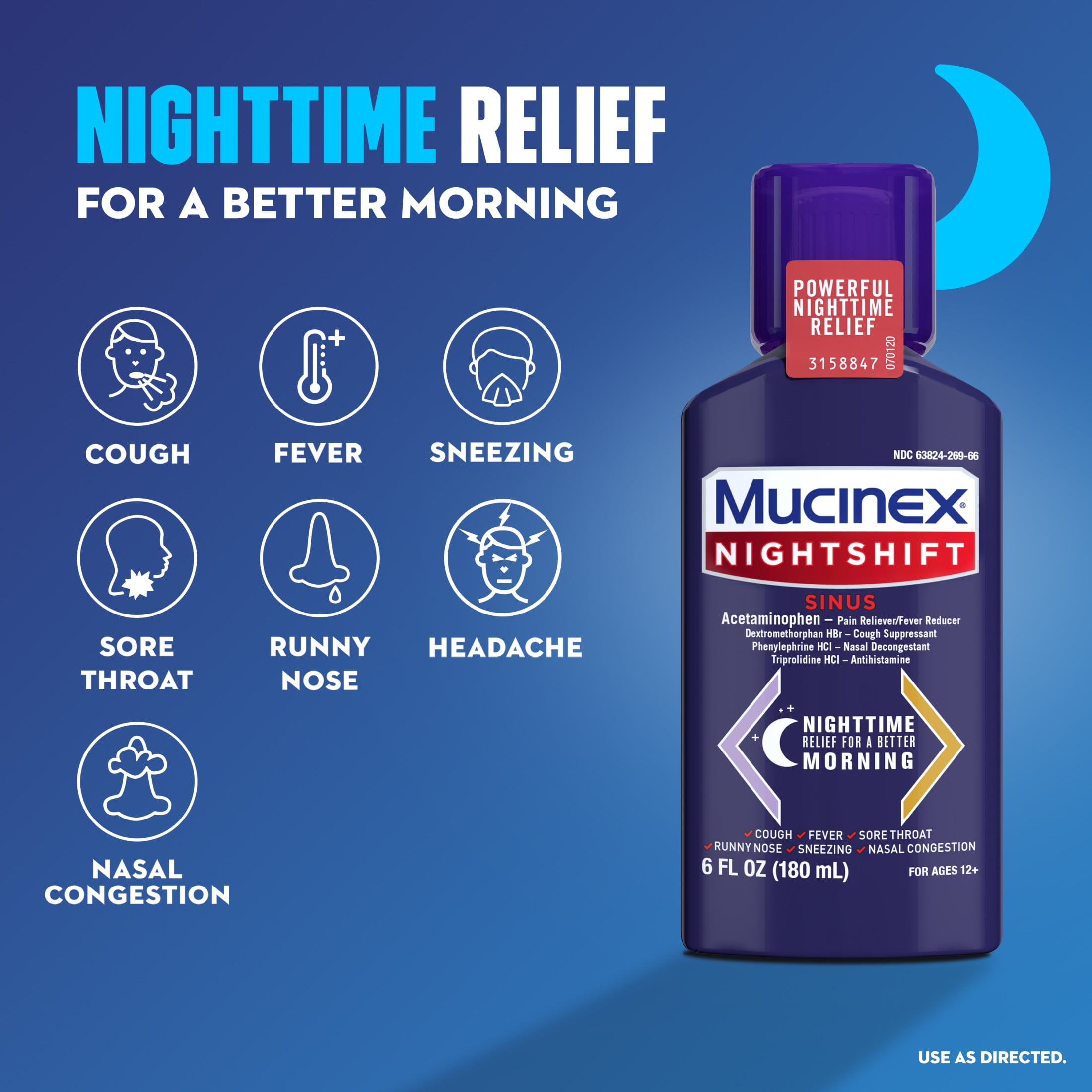 Mucinex Sinus-Max Severe Congestion & Pain & Nightshift Sinus Medicine, Headache Relief, 2x6 fl oz