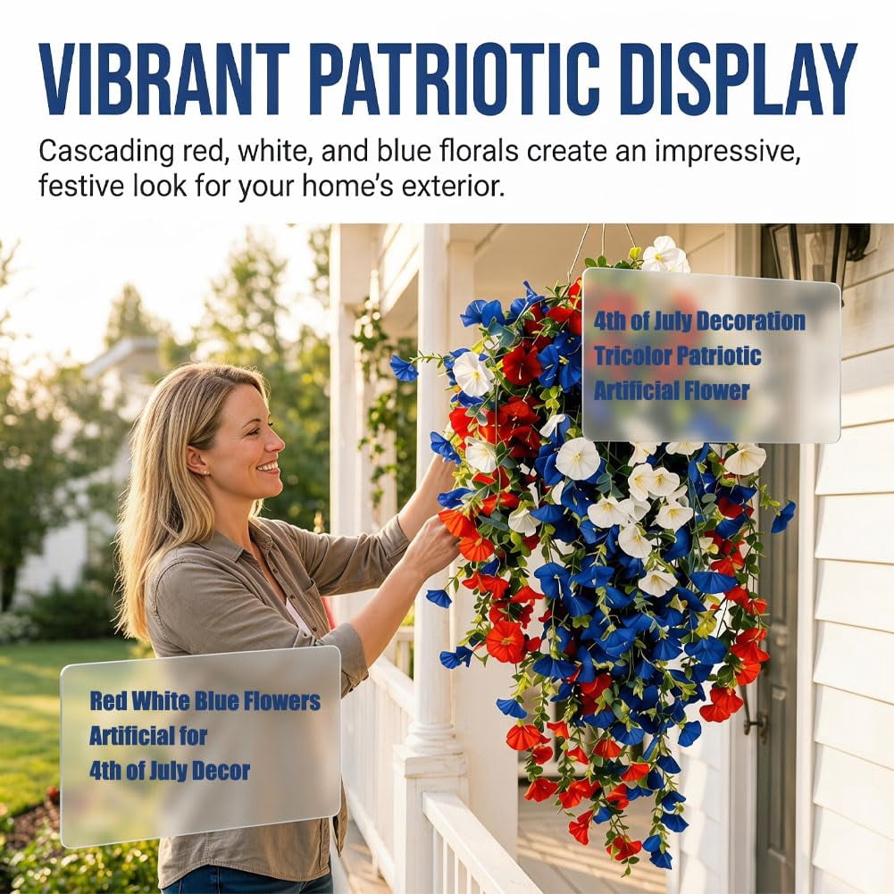 4th of July Decoration Tricolor Patriotic Artificial Flower, red White and Blue Artificial Flowers, for Outdoor Decor, Patio, Garden