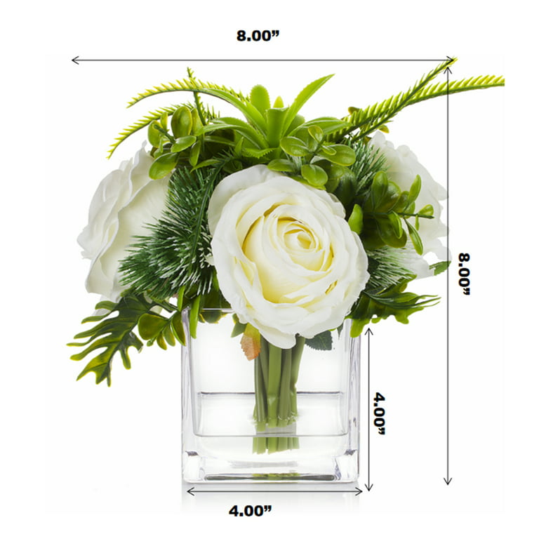 Enova Home Artificial Greenery Grasses Fake Flowers Arrangement in Glass Vase with Faux Water and River Rock for Home Decoration - White