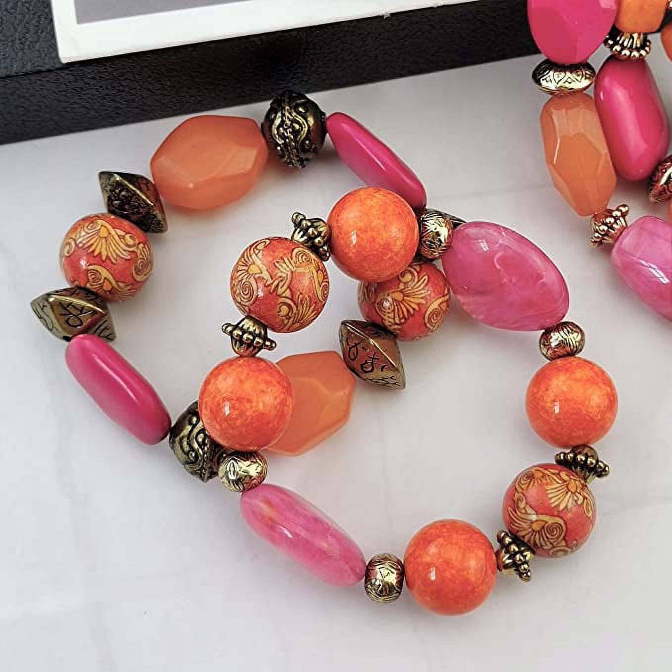 Bocar 3 Layer Chunky Statement Beaded Necklace and Earrings Set, Fashion Multi Layer Women Collar Necklace Jewelry Set (NK-10625-Pink Red Set)