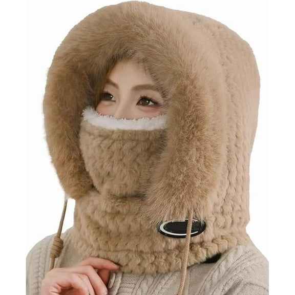 AsdQ 3 in 1 Beanie Hat for Women, 3 in 1 Beanie Hat with Scarf and Mask, Circle Scarf Ski Snow Hat Pompom