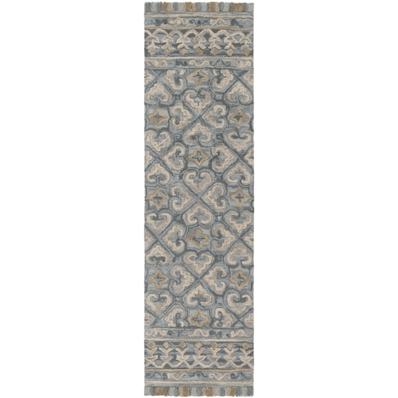 SAFAVIEH Blossom Jocelyne Geometric Fringe Wool Runner Rug, Light Beige/Blue, 2'3" x 8'