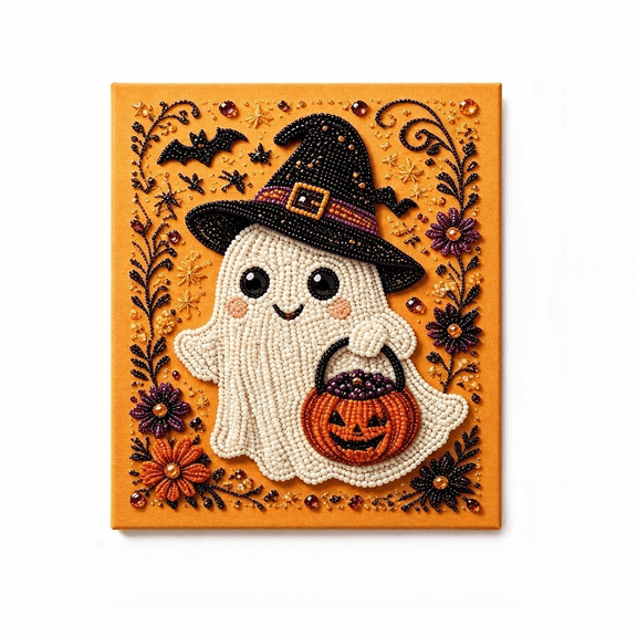 Halloween Pearl Diamond Art Kit, Pumpkin Ghost DIY Painting Set, 8x8 Inch Wall Decor Craft, Seasonal Home Gift