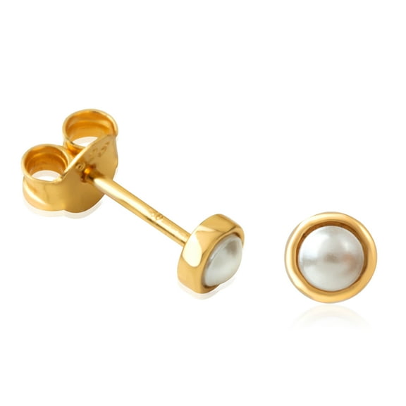 18K Yellow Gold Plated Sterling Silver Crystal Pearl Stud Earrings, Round Bezel