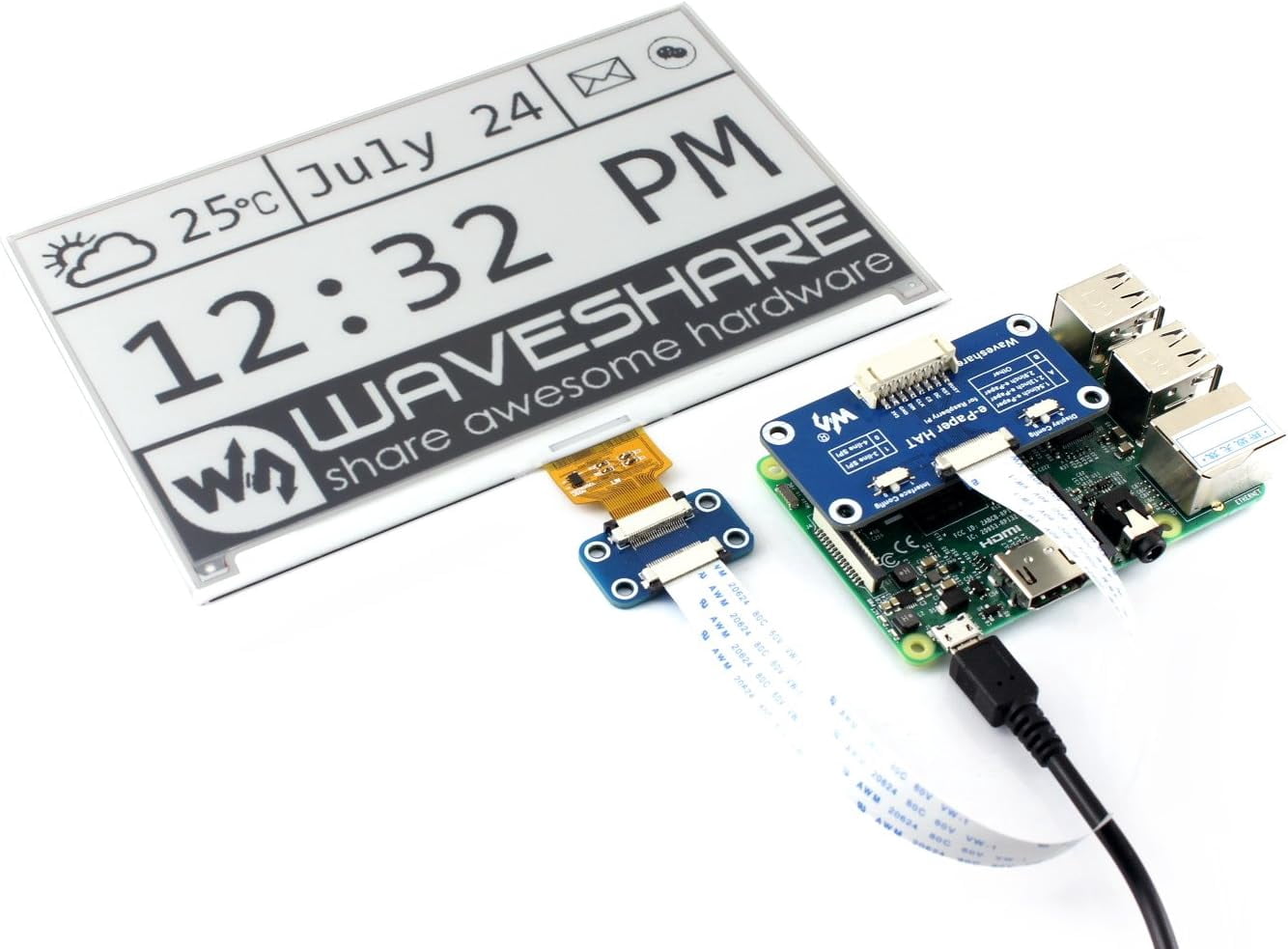 7.5inch e-paper display HAT Module, 640x384 Resolution 3.3V/5V Two-Color E-ink Display epaper Screen SPI Interface for 3B/3B+/2B/Zero/Zero W, Support Full Refresh