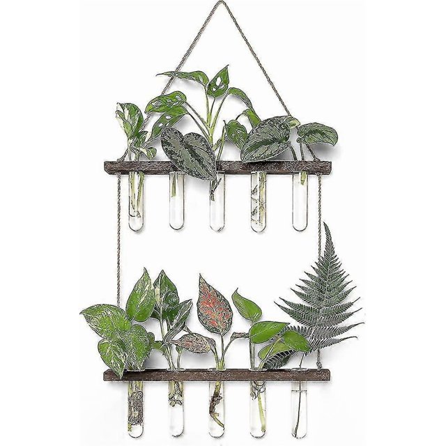 Wall Hanging Planter,2 Tiered Plant Propagation Stations Glass Terrarium With Wooden Stand Test Tube Flower Vases Retro Hanging Glass Planter For Prop