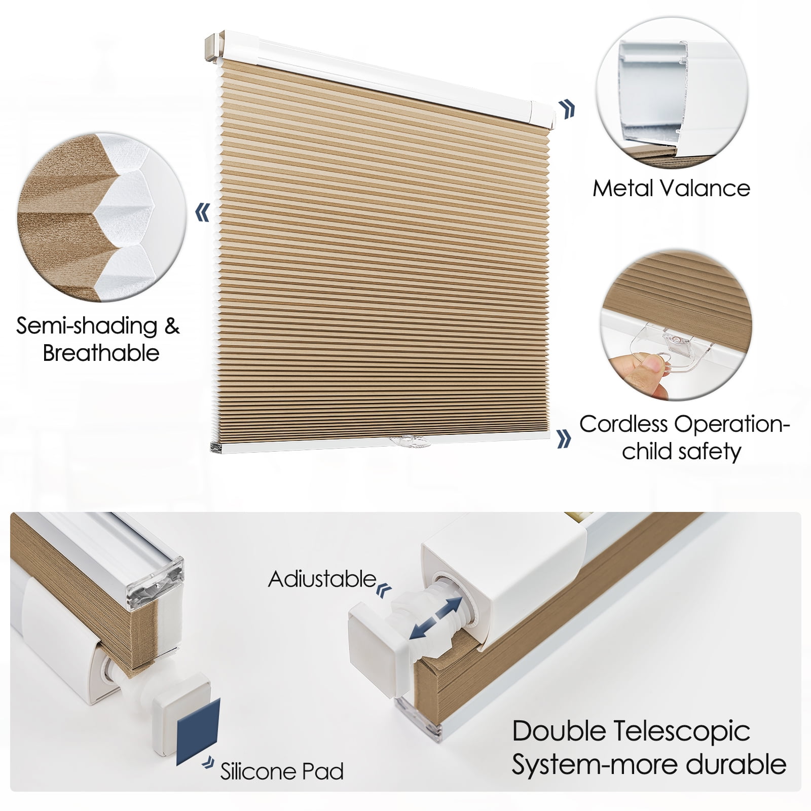 Keego No Drilling Cordless Cellular Shades Honeycomb Window Blinds Easy Installation Heat Insulating Noise Reducing Curtains Semi-Blackout Khaki, 57.5"w x 60"h