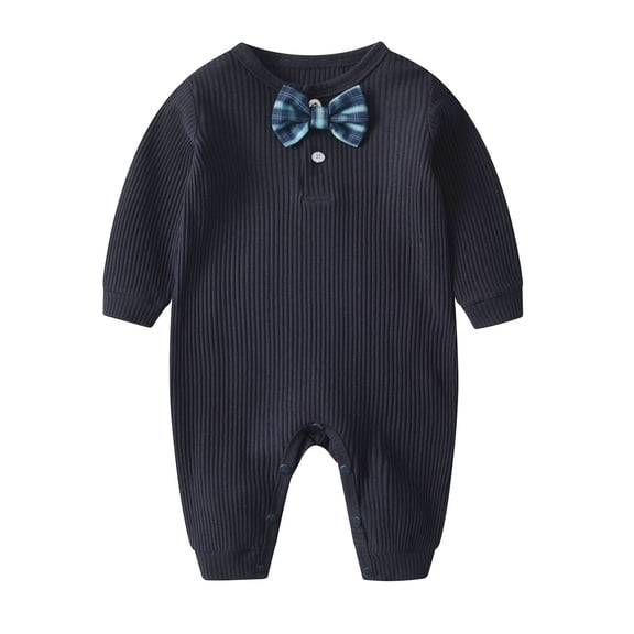 Unisex Boys Autumn Romper Long Sleeve Jumpsuit Ribbed Baby Bodysuit Full Length Pants Crew Neck Soft Fabric Comfortable Playwear Layering Piece for Daily Outings Dark Blue 0 Months-3 Months