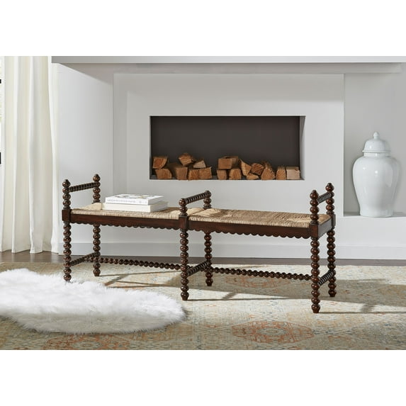 Isle of Man 60-inch Mahogany & Rush Accent Bench, Bobbin-Turned