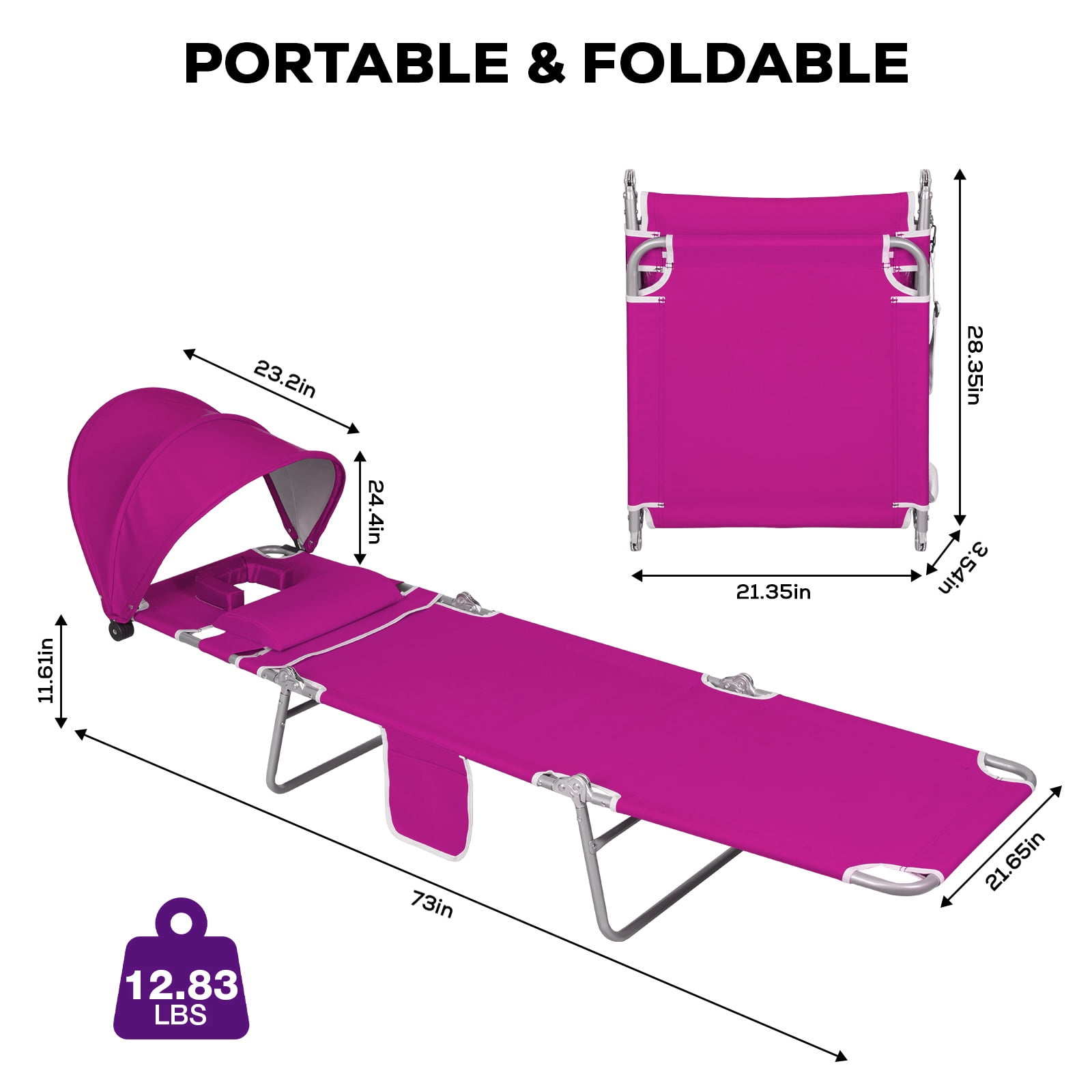 SUNSPIRE Folding Beach Lounge Chair with Face Hole Canopy Pillow Side Pocket, Portable Reclining Tanning Sun Lounger for Beach Pool Patio Pink