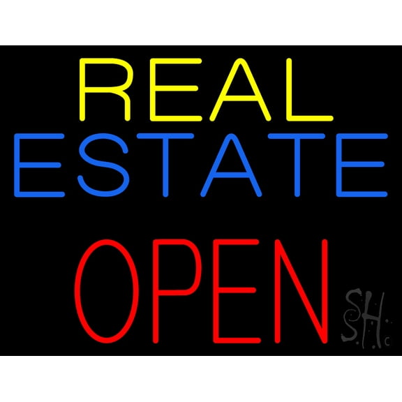 Real Estate Red Open Block LED Neon Sign 15 x 19 - inches, Black Square Cut Acrylic Backing, with Dimmer - Bright and Premium built indoor LED Neon Sign for office, and stroefront