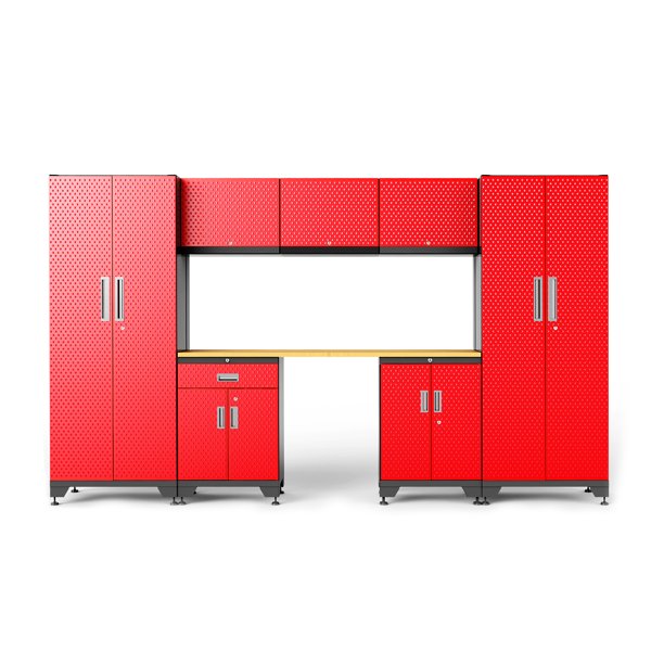 FRONTIER Steel Garage Storage System in Red with Wooden work surface 76inch H x 132inch W x 18