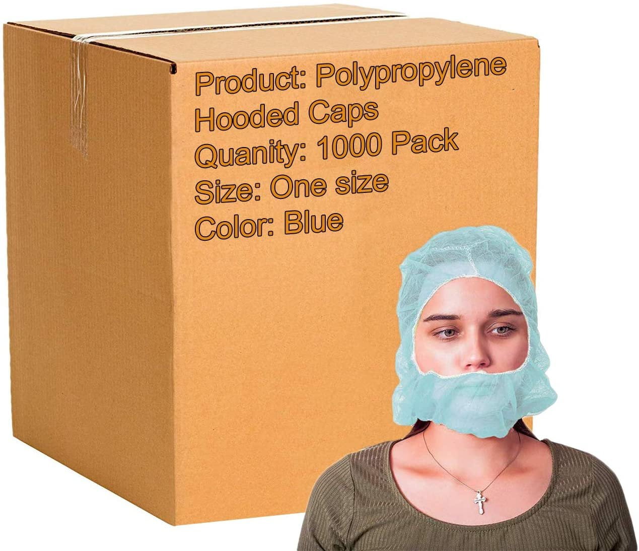 1000 Pack Polypropylene Hooded Caps. Blue Non Woven Hoods with elastic