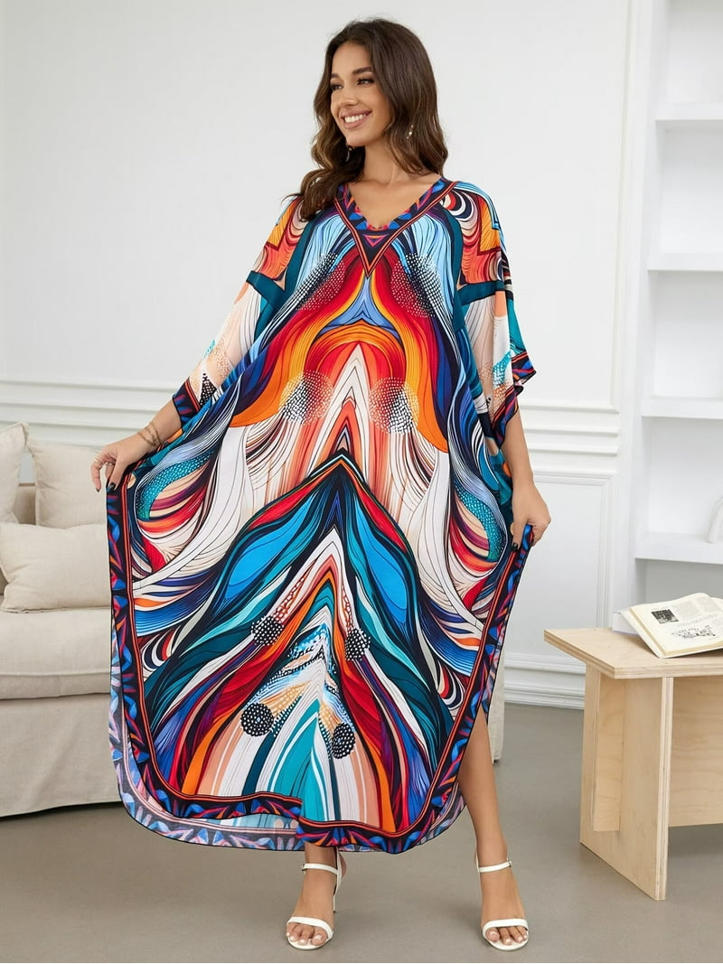 Women's Bohemian Print Caftan – Lightweight Cover Up For Beach, Pool, Or Lounging – One Size Fits Most