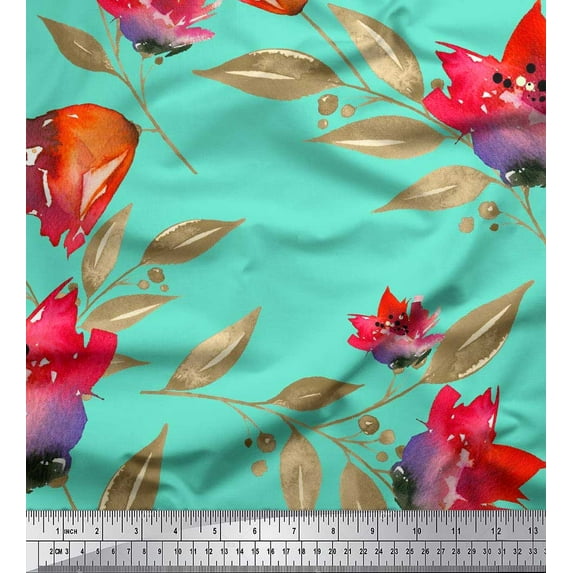 Soimoi polyester Crepe Fabric Flower & Leaves Watercolor Print Fabric by Yard 52 Inch Wide
