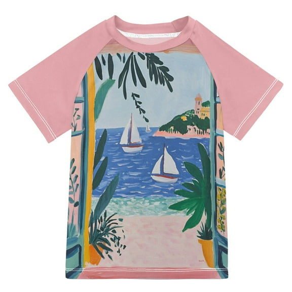 FORMRS Boys Rash Guard Short Sleeves Swim Shirt Quick Dry UPF 50 Sun Protection, Sizes 3-12T, Pink Seaside