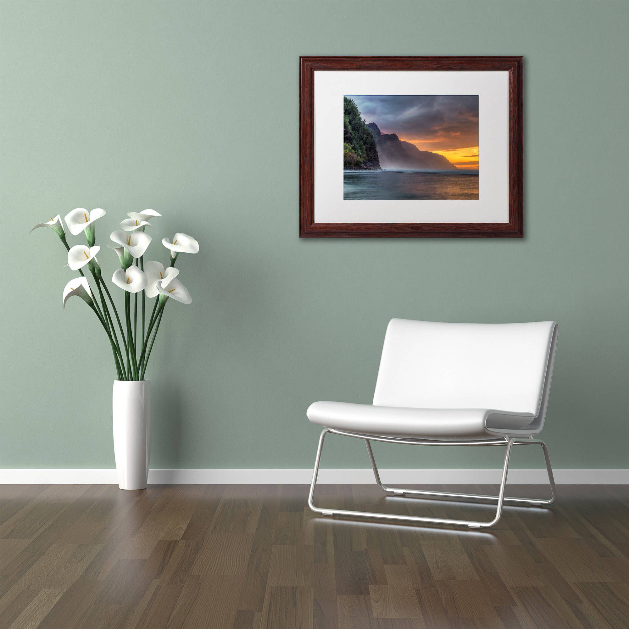 Trademark Fine Art 'Napali Sunset Kauai' Canvas Art by Pierre Leclerc, White Matte, Wood Frame