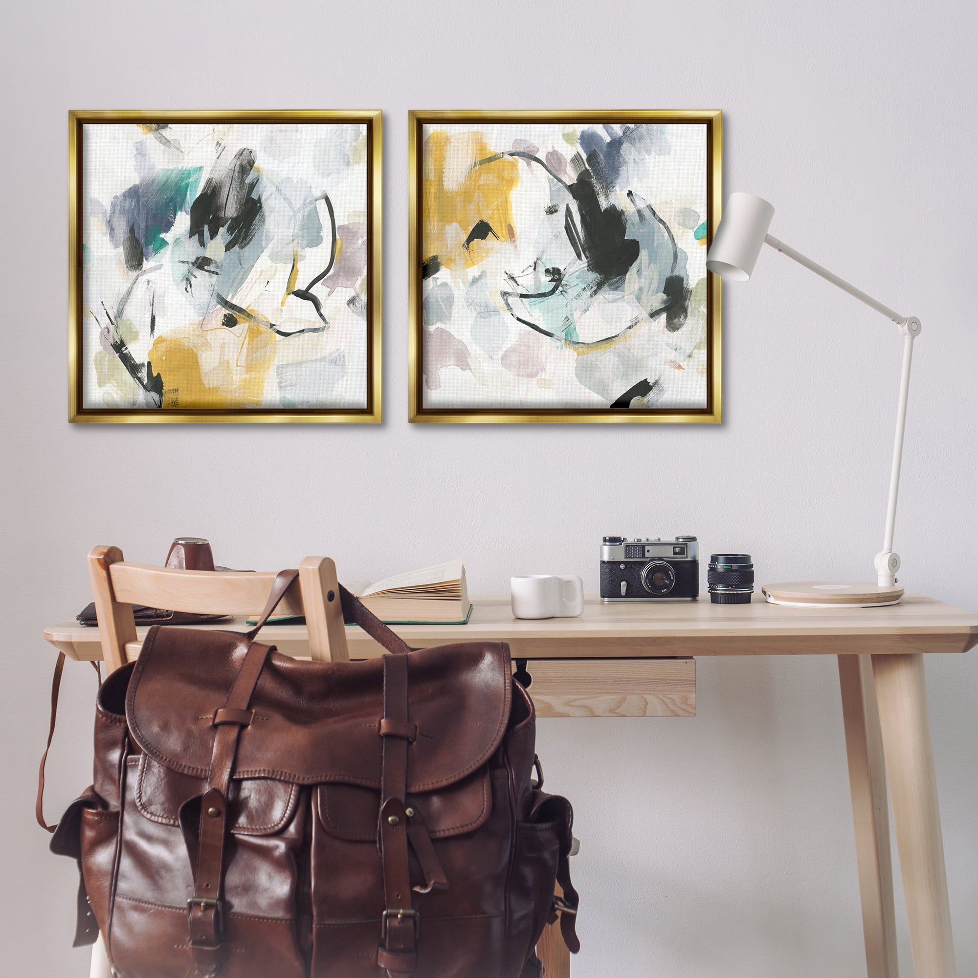 Stupell Industries Black & Yellow Abstract Splash Abstract Painting Gold Floater Framed Canvas Art Print Wall Art, 25 x 25, Set of 2