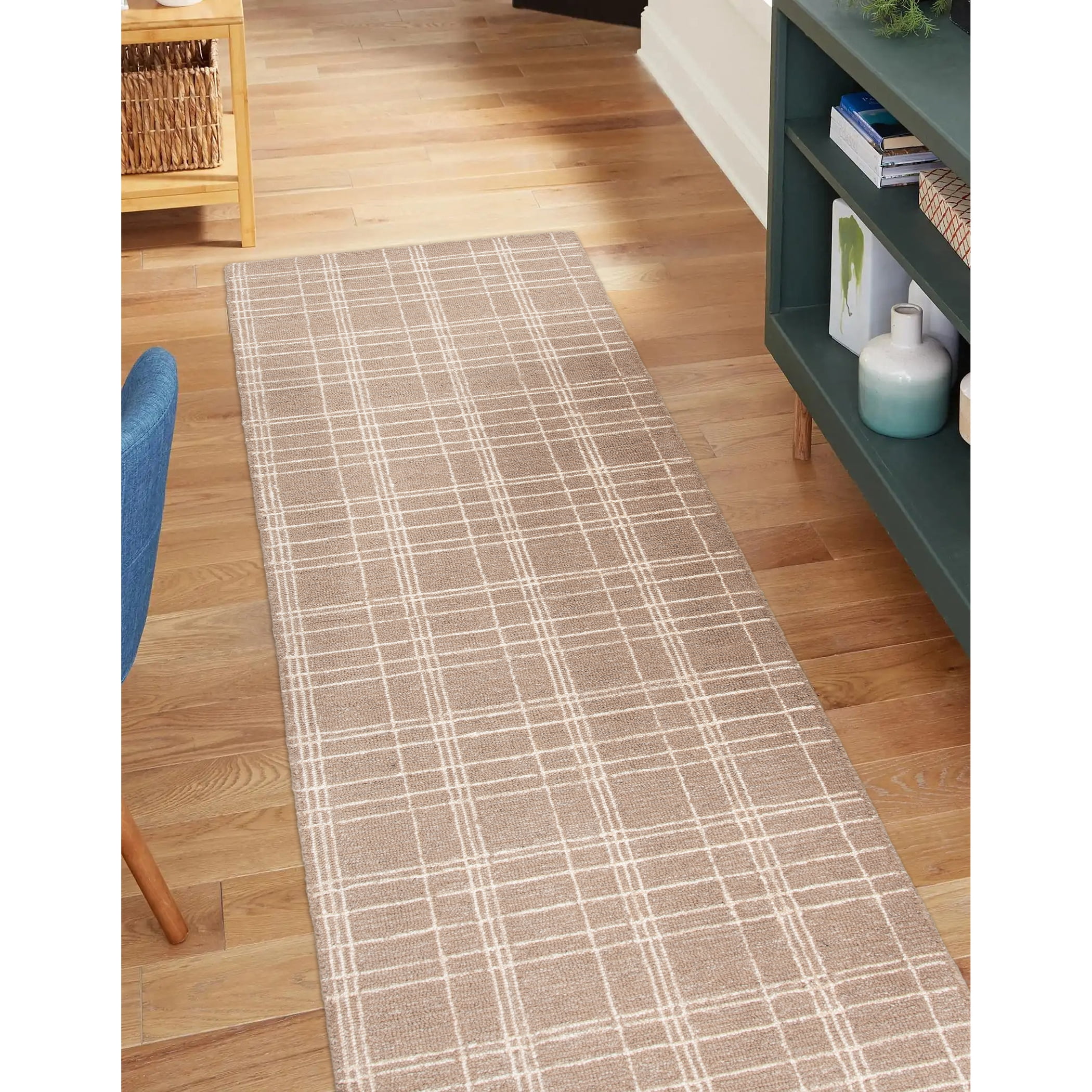 Better Homes & Gardens Beige Plaid Wool Indoor Runner Rug, 2'6"x7'