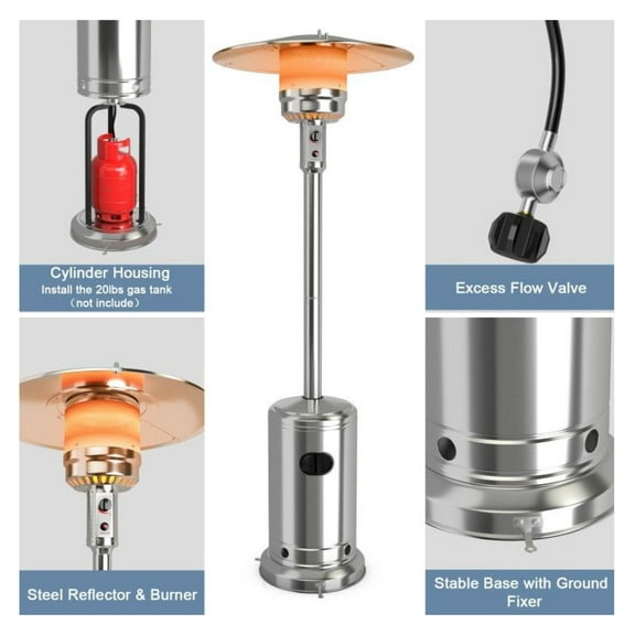Propane Patio Heater, Standing LP Gas Steel Heater for Outdoor Use, 48,000 BTU, 175 sq ft Heating Range, Black/Silver, with Wheels & Safety Tilt Shut-Off