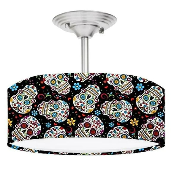 888 Cool Fans DR-0001050 Sugar Skulls 2-Light Brushed Nickel Drum Style LED Lamp Fixture