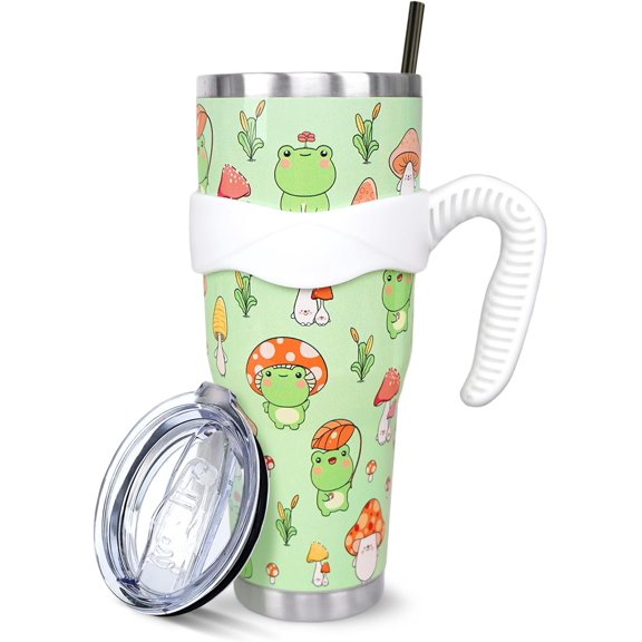 Frog Mushroom 40 Oz Tumbler with Handle and Straw, Cute Frog Large Big Stainless Steel Vacuum Insulated Tumbler Iced Coffee Cup Water Bottle Travel Mug, Frog Gifts for Women Decor Stuff Green