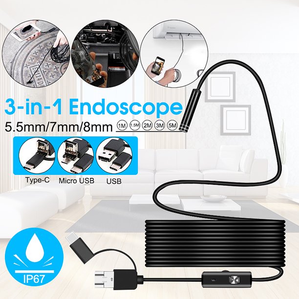 Bakeey 3 In 1 7mm 6 Leds Type C Micro Usb Endoscope Inspection Camera Soft Cable For Android Pc Walmart Com
