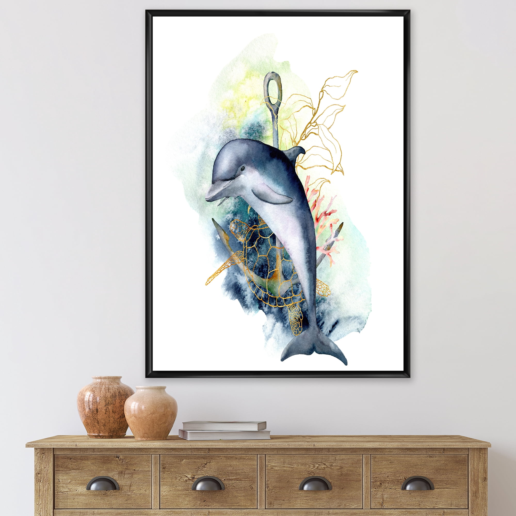Linear Coral Reef Plants and Dolphin Turtle Anchor 12 in x 20 in Framed Painting Canvas Art Print, by Designart