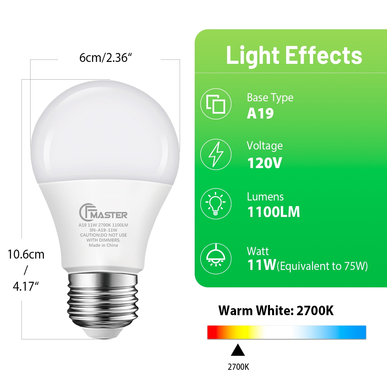 A19 LED Light Bulb, 75W Equivalent LED Bulb, 11W 2700K Warm White, 1100 Lumens, Non-Dimmable Light Bulbs, CRI 85+, No Flicker E26 Base Bulbs for Home Office, 10-Pack