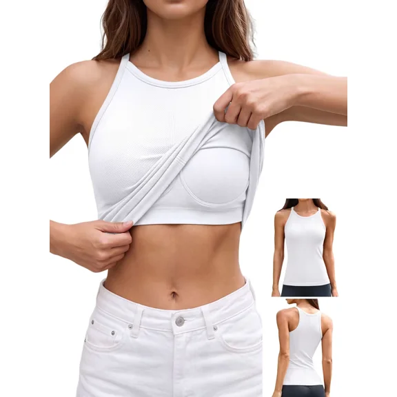 ANFERRY Women's Fitting Seamless Tank Tops Ribbed Crew Neck Racerback Workout Camisoles with Sewn in Bra