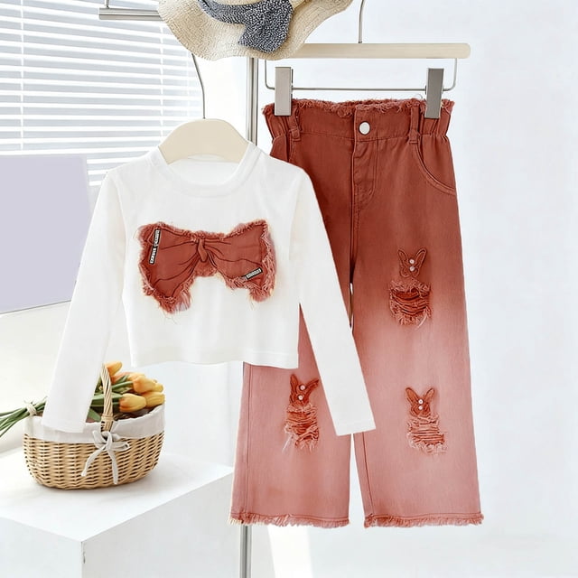 Conjuntos de blusas y camisas de cuello redondo y manga larga para niños, top bordado con lazo de color liso y jeans desgastados con degradado, conjunto deportivo informal de dos piezas para niños, po
