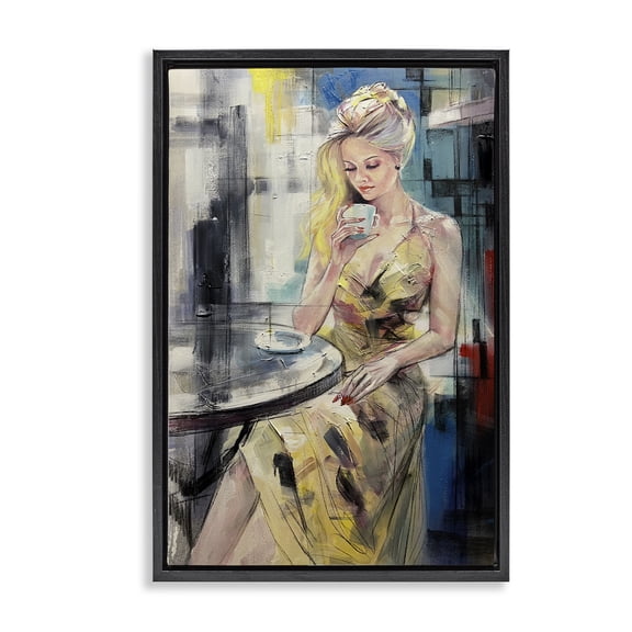 Stupell Industries Elegant Woman at Cafe People Painting Black Floater Framed Canvas Art Print Wall Art, 17 x 25