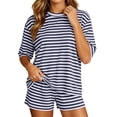 thumbnail image 2 of BRELIL Women's Round Neck Short Sleeve T-Shirt Two Piece Set Elastic Waisted Shorts Striped Casual Lounge Matching Outfits Summer Everyday Wear, Navy 2XL, 2 of 8