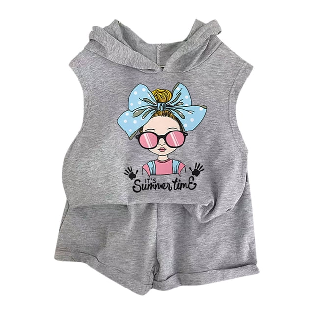 Odeerbi 2-8 Años Niñas Trajes de Verano Camisetas Con Capucha de Algodón Pantalones Cortos de Dos-Conjunto de Dos Piezas Camiseta Sin Mangas Estampada Pantalón Corto Con Cintura Elástica