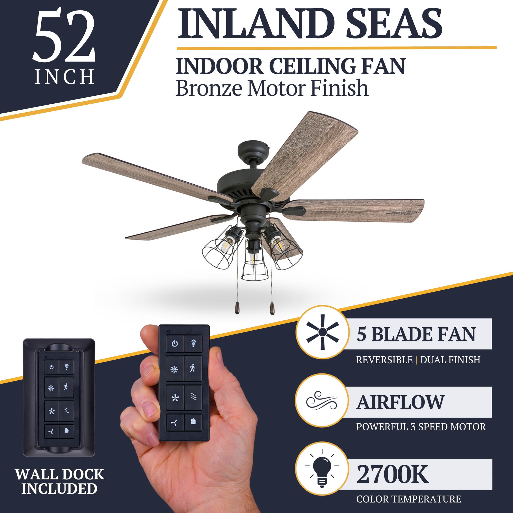 Prominence Home Inland Seas 52" Bronze Farmhouse Ceiling Fan with 5 Blades, 3 Arm Cage Light Kit, Remote & Reverse Airflow