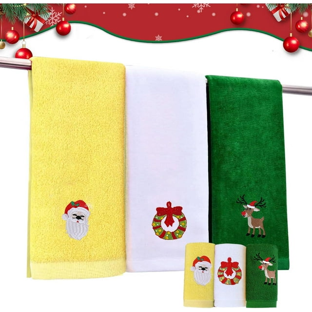 Juego De 3 Toallas De Mano Navideñas De Puro Algodón Bordado, Suaves Y Absorbentes, Perfectas para El Baño Y La Cocina. (Amarillo + Verde + Blanco)