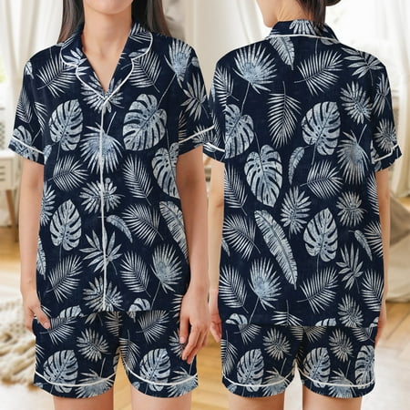 Lotusprinthandmade Tropical Leaf All-over Print Satin Short-Sleeve Pajamas Set (No Pocket) (5XL) tropical leaf satin pajamas polyester satin sleepwear