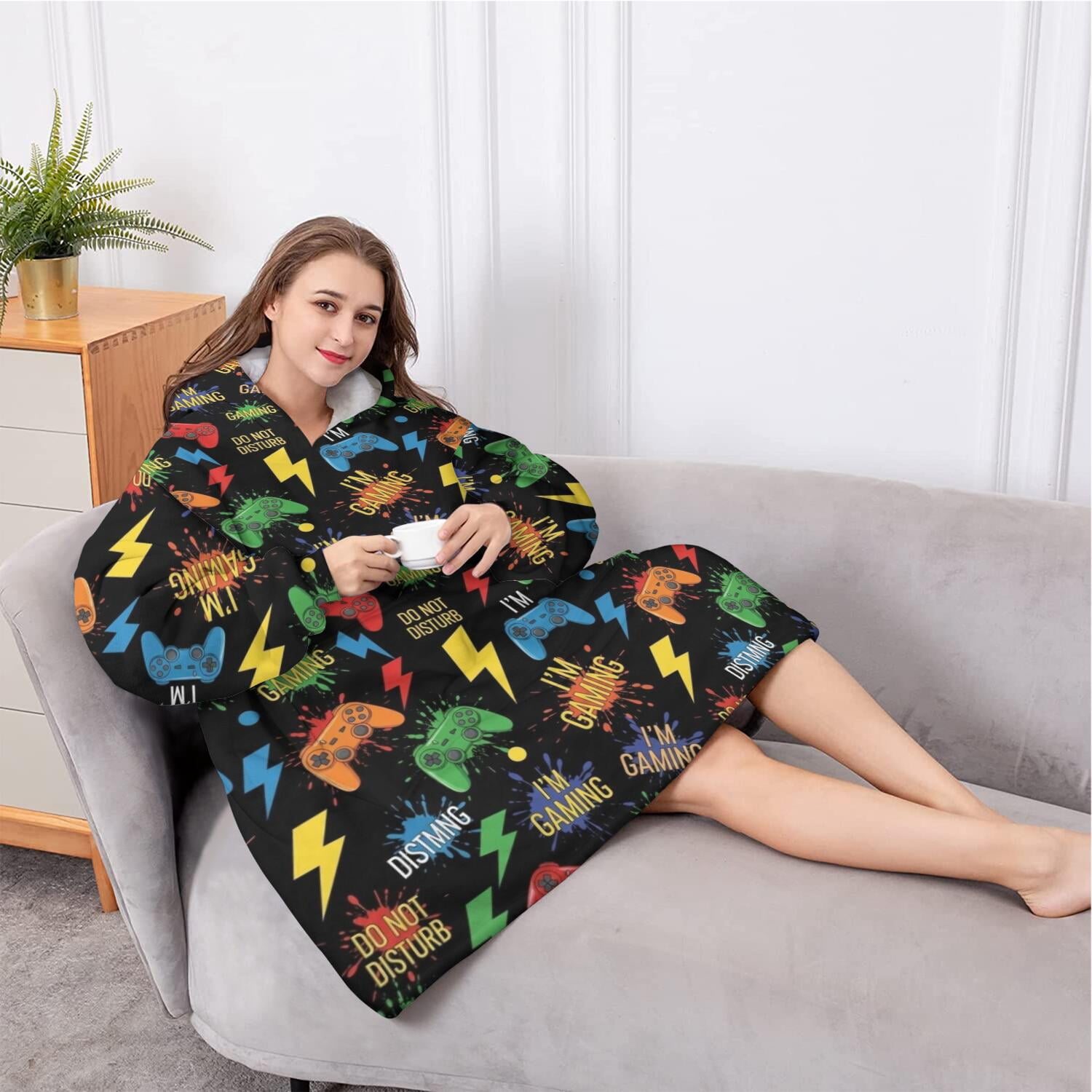 Oversized Wearable Blanket Hoodie,Colorful Controllers Games Words Black Pattern Sherpa Blanket Hoodie with Super Pockets,Super Warm Fuzzy Pullover for Women & Men